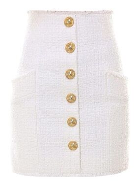 Balmain Skirt White Tweed Mini Gold Tone Buttons Zipper Back NWT 40